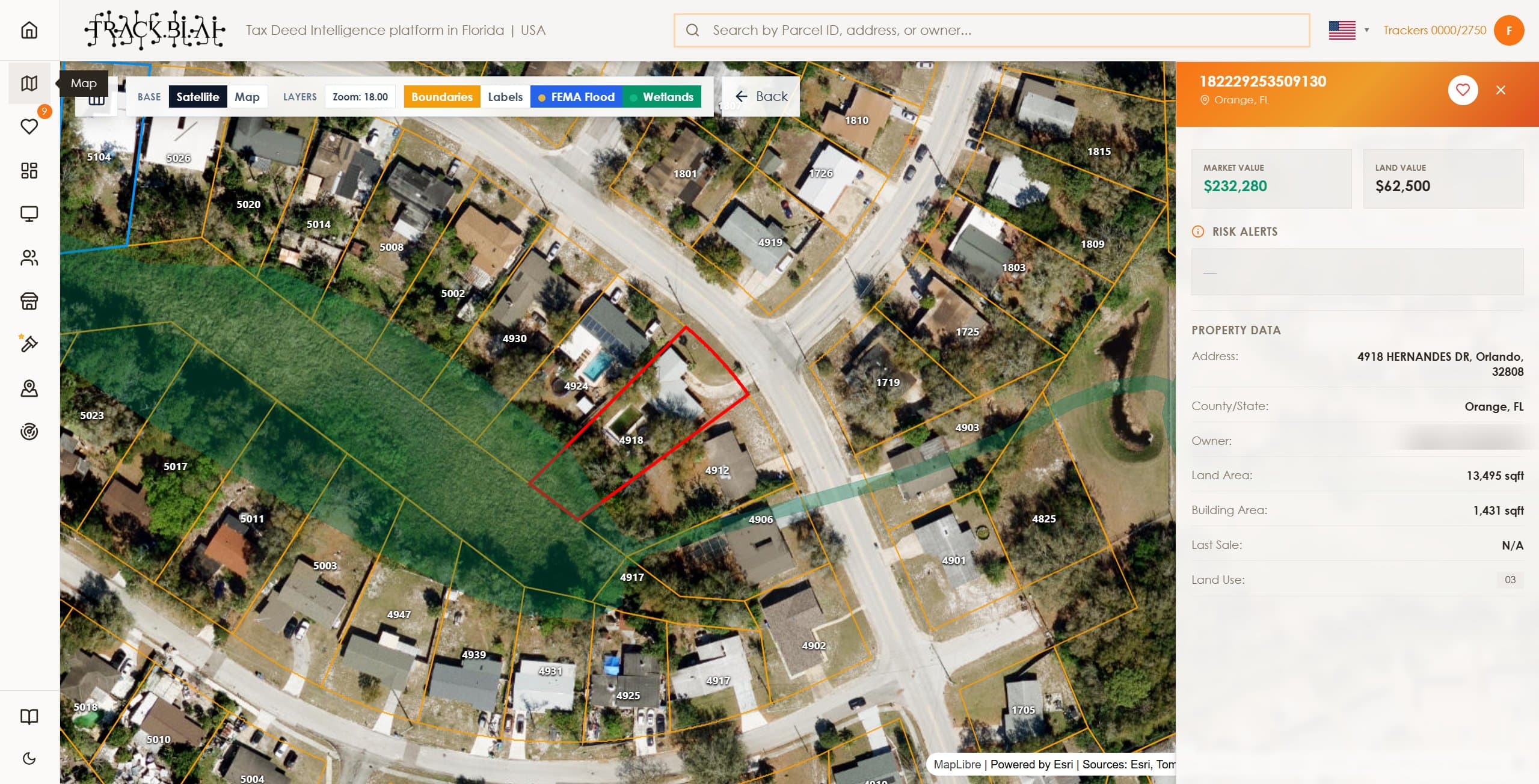 Track.BI.AI Map screen showing geographic due diligence