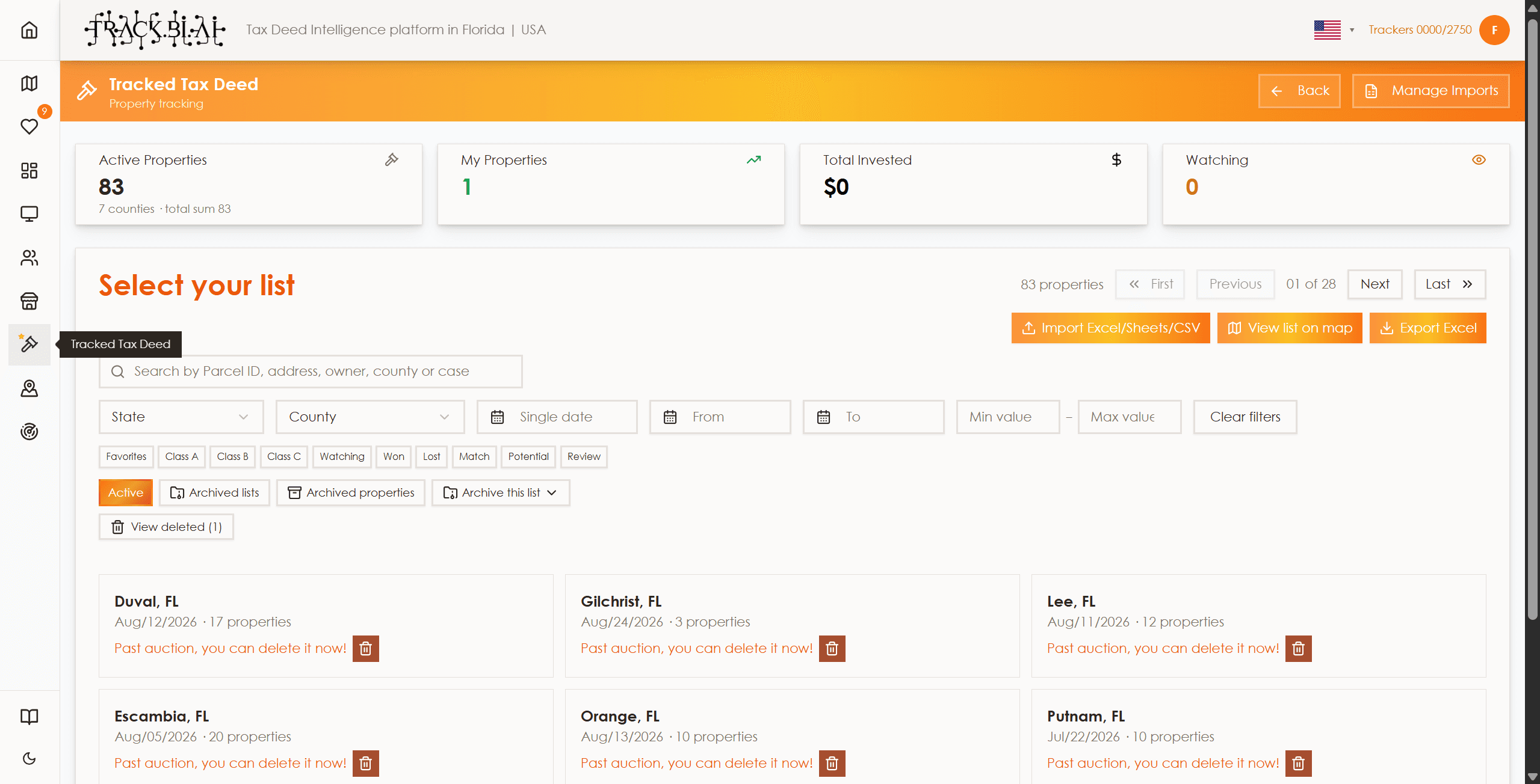 Track.BI.AI Tracked Tax Deed screen