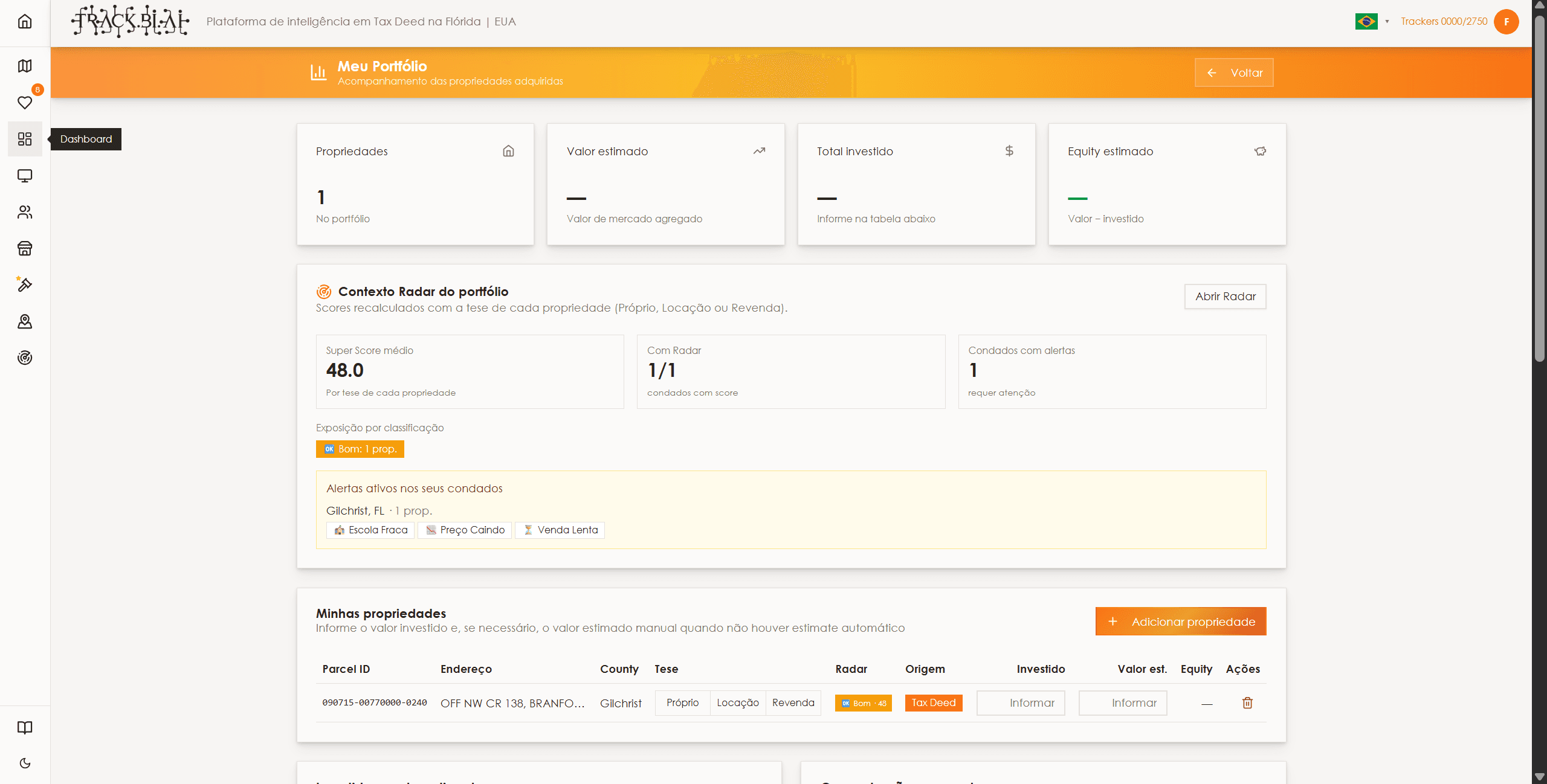 Tela do Dashboard no Track.BI.AI mostrando o portfólio pós-leilão