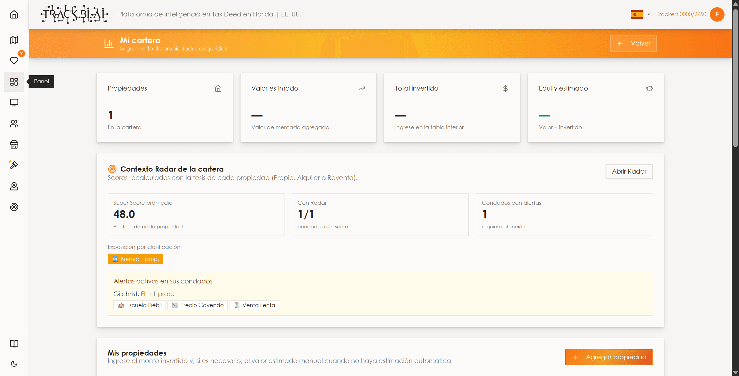 Pantalla del Dashboard en Track.BI.AI mostrando la cartera post-subasta